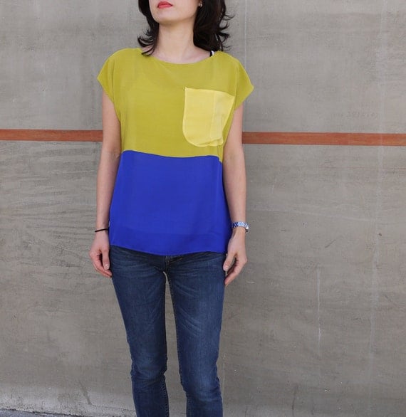 Hand dyed Silk top. Chartreuse, blue and yellow color block Tee - Custom sizing.