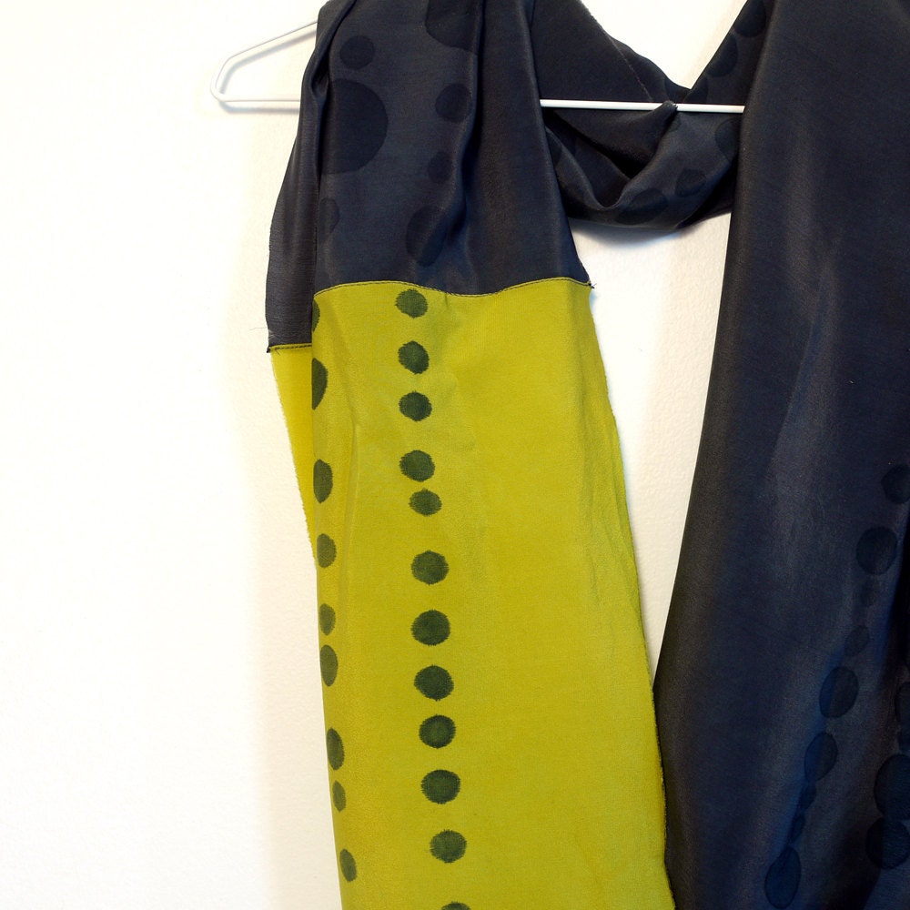 Hand painted Silk COWL Scarf. Chartreuse and black.