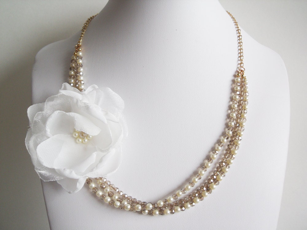 Bridal Flower Necklace - Pearl Bridal Necklace - Crystal Bridal Necklace - Bridal Crystal and Pearl Flower Statement Necklace