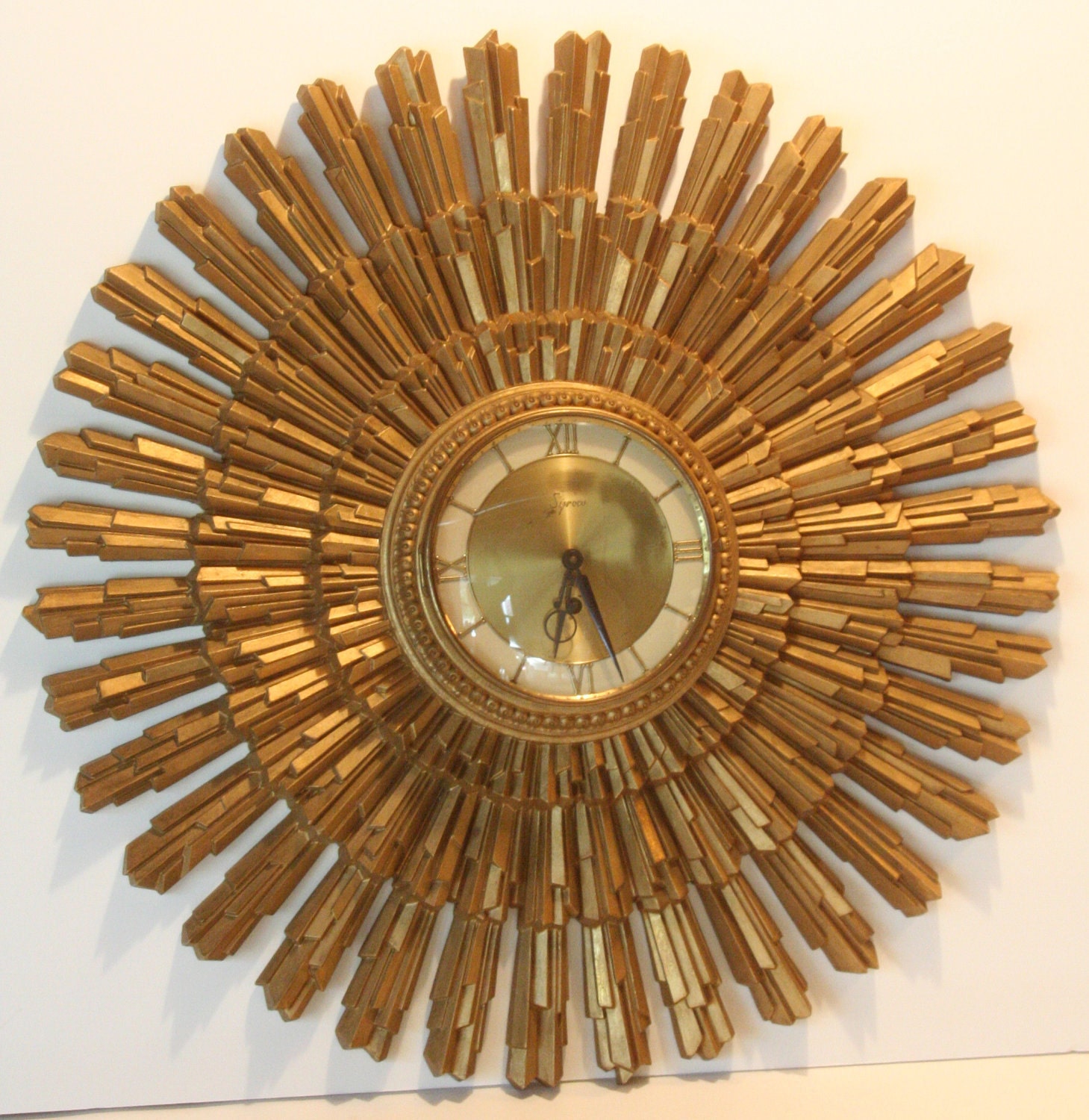 SALE Vintage Atomic Gold Large Syroco Starburst Clock Sunburst
