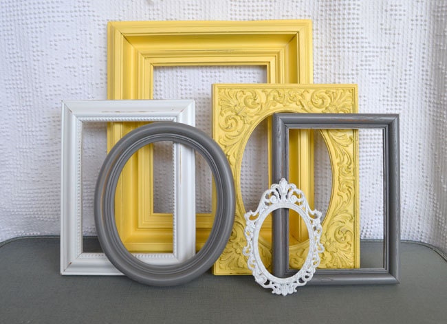 Yellow, Grey White Frames Set of 6 - Upcycled Frames Modern  Bedroom Decor