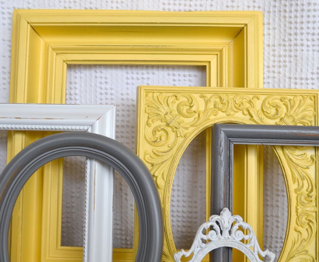 Yellow, Grey White Frames Set of 6 - Upcycled Frames Modern  Bedroom Decor