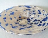Vintage Hand Blown Blue and White Mottled Art Glass Footed Dish