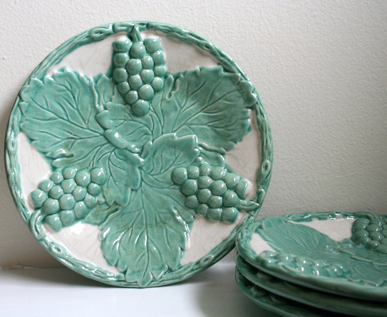 Vintage Portuguese Ceramic Raised Grapes and Leaves Pattern Plates