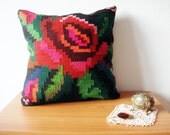 RESERVED Big Kilim Flower Pillow Cover for Home decor - Bohemian Ethnic Wool Antique Romanian Hand Woven Kilim Pillow Case Bright 20 x 20