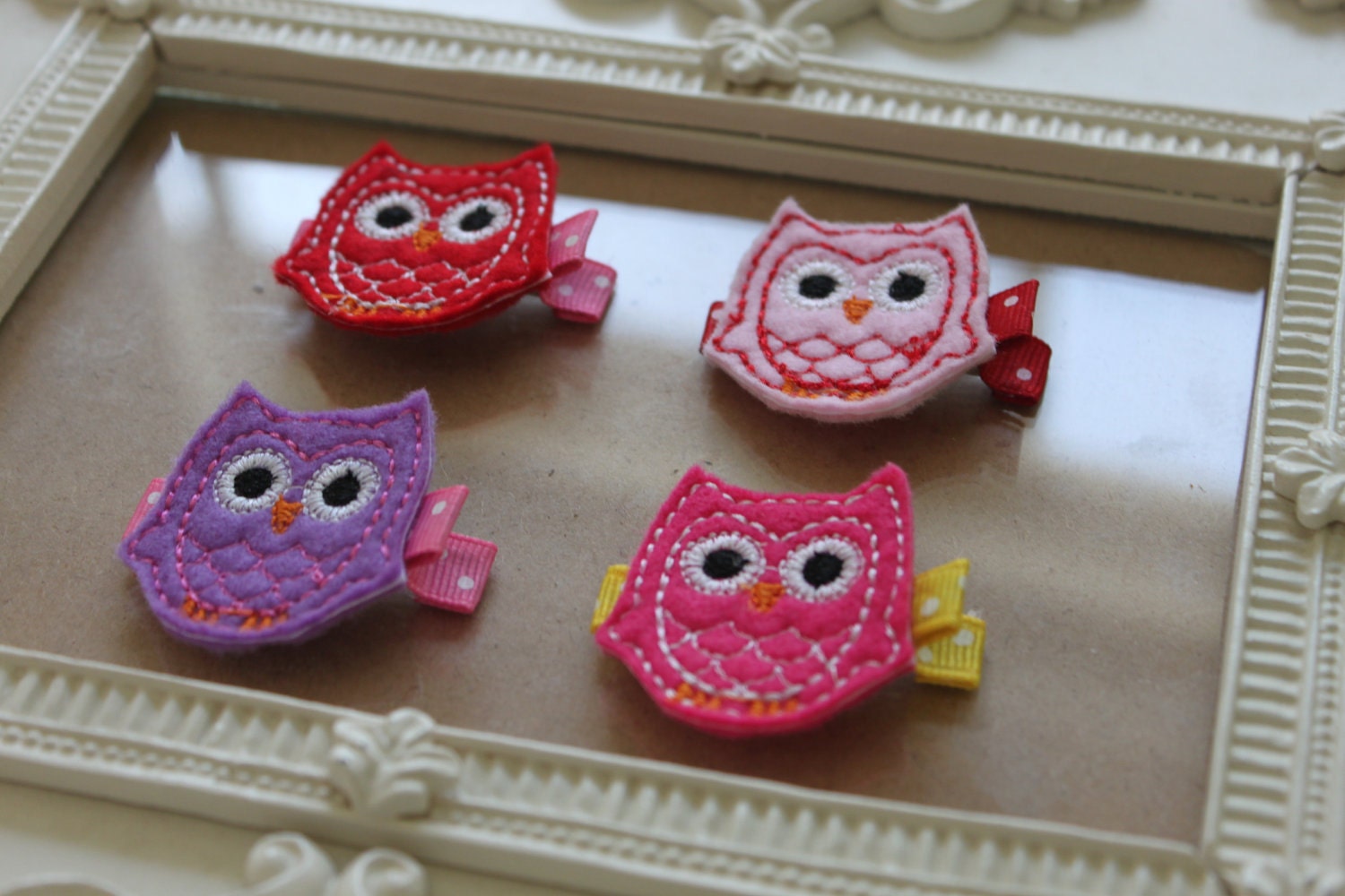 Girls Hair Clip Set - Felt Hair Clip - Felt Owl Hair Clip Set of 4 in Red, Light Pink, Purple and Bright Pink