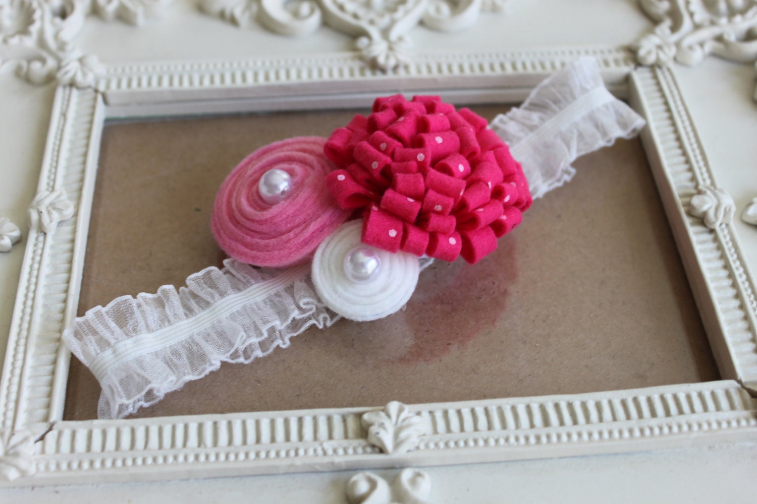Baby Headband-Newborn Headband-Toddler-Infant-Photo Prop Pink and White Handmade Felt flowers on a white lace band