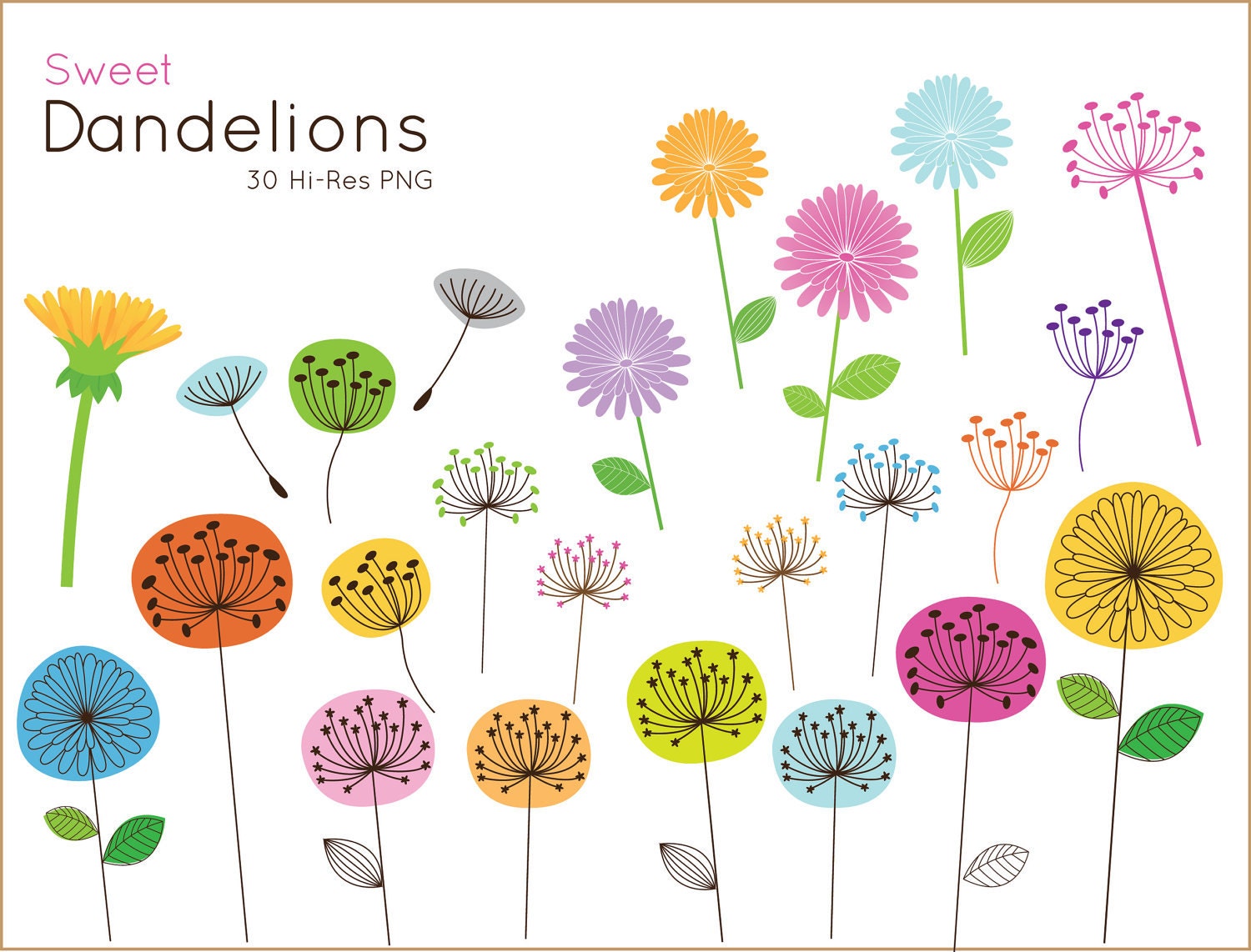 buy 2 get 1 free Sweet Dandelion clip art for personal and commercial use ( cute flower clipart ) INSTANT DOWNLOAD