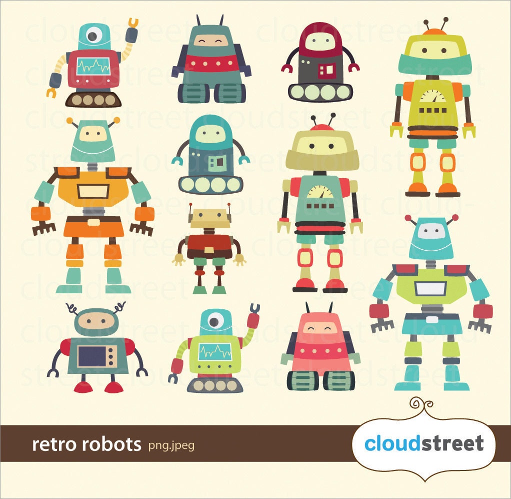 Cute Robots Clipart for personal and commercial use ( cute robot clip art ) INSTANT DOWNLOAD