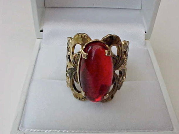 Beautiful 1960's Brass Ring with Large Crimson Stone