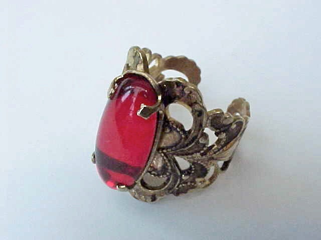Beautiful 1960's Brass Ring with Large Crimson Stone