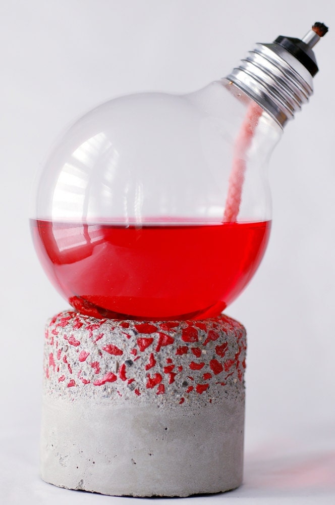 Home decor Steampunk Lightbulb Oil Lamp on Concrete and Red Gravel Base, Alum. top bulb, 11-006