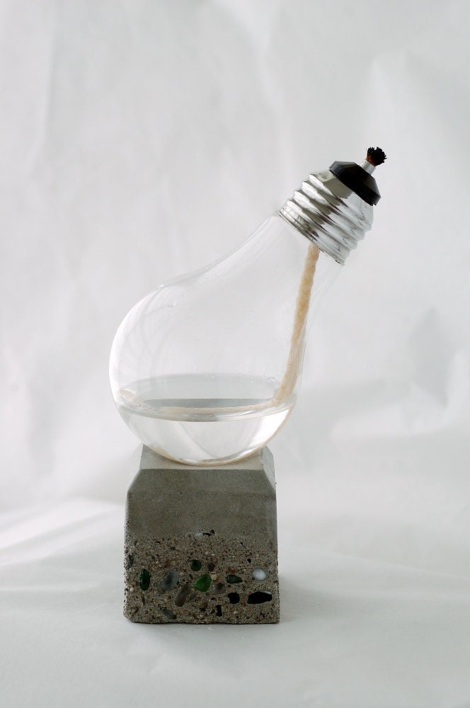 Recycled Light Bulb Oil Lamp Handmade Steampunk Lamp on Concrete and Green Glass Cube Base, Alum. top bulb 12-020