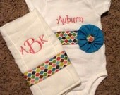 Custom Onesie with Patterned Ribbon and Burp Cloth