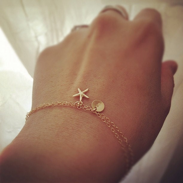 Personalized Bracelet - 14k Gold Filled Initial with Starfish Charm Bracelet - Everyday Jewelry