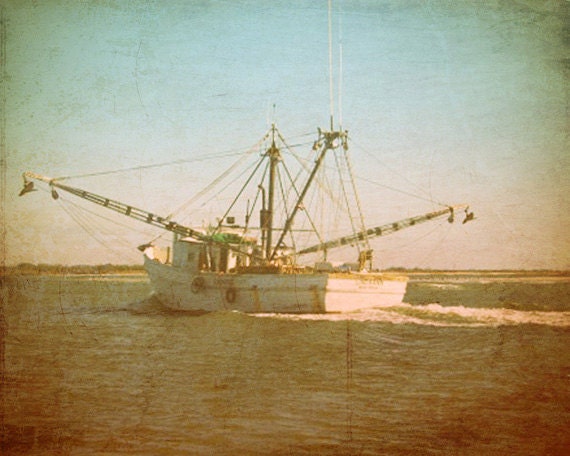 Vintage Shrimp Boat Art Print - White Green Blue Trawler  Home Decor Wall Art Photograph