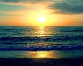 Beach Sunset Art Print  - Navy Blue  Aqua Orange Sky Ocean Beach House Wall Art Home Decor Photograph