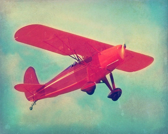 Antique Airplane Art Print - Nursery Children Boy Room Aqua Red Vintage Aviation Flying Home Decor Photograph