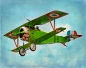 Vintage Airplane Art Print - Green Blue Nursery Biplane Boys Room Flying Aviation Home Decor Wall Art Photograph