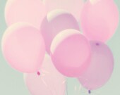Pink Balloons Print - Girls Room Decor Nursery Wall Art Purple Aqua Sky Soft Pastel Spring