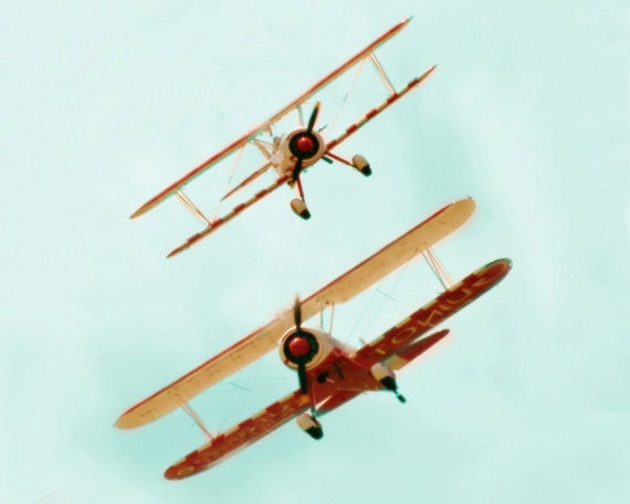 Vintage Airplane Print - Nursery Boy Room Decor Aqua Red Yellow Aviation Flying Photography