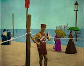 Antique Lifeguard Beach Photograph - Aqua Sand Red Vintage Man Ocean Art Print - 8x8 photo
