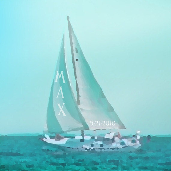 Sailboat Nursery Art Personalized Custom Name Art Print - Nautical Blue Aqua Baby Children Ocean Photograph
