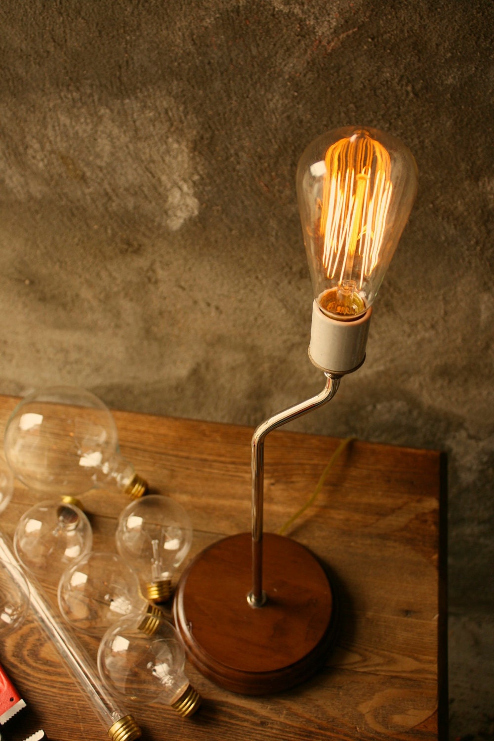 Industrial Table Lamp Light Wood Lamps Industrial Lighting Cool Gifts for Men Edison Cage Bulb Lamp - Table Lamp by Luke Lamp Co