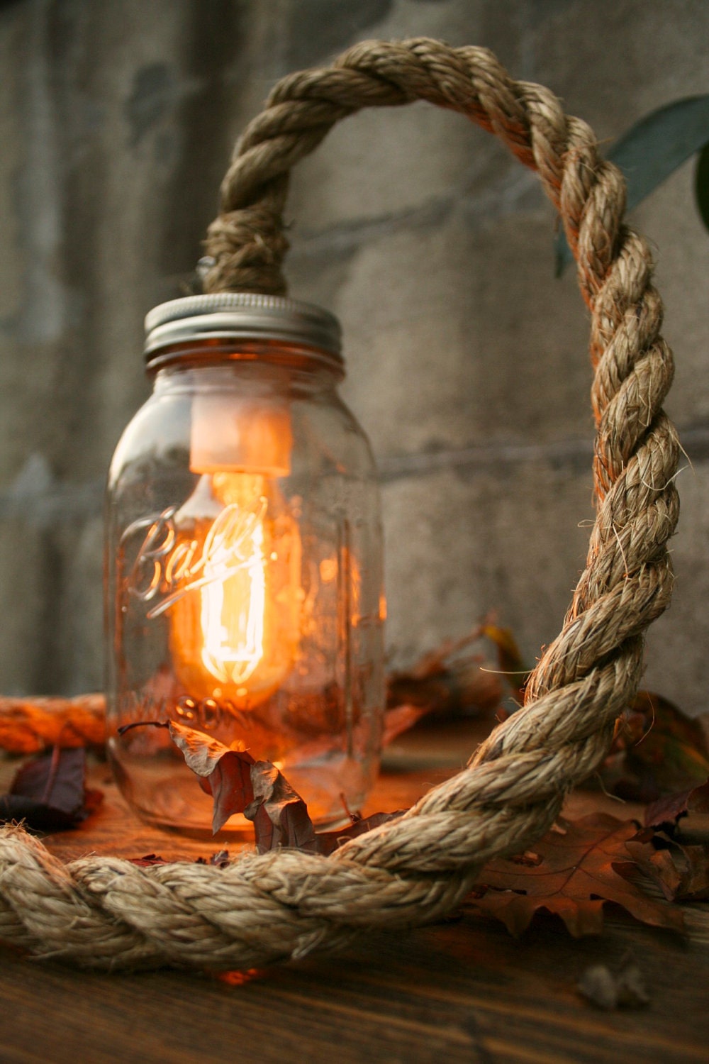 Mason Jar Lighting Rustic Wedding Decor Glass Lighting Shabby Chic Lighting Night Light or Desk Lamp - Vintage Industrial Rope Design