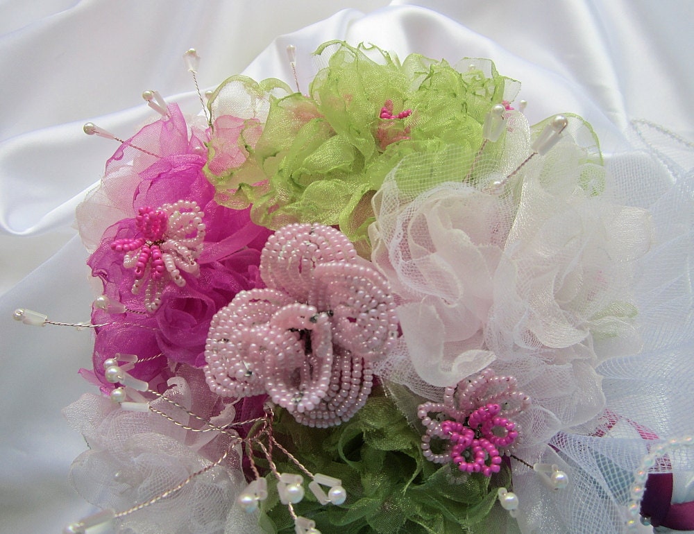 Princess Collection: Bridal Bouquet Set with FRENCH BEADED Roses and ORGANZA Peonies - 12 Pieces with Free Groom's Boutonneir