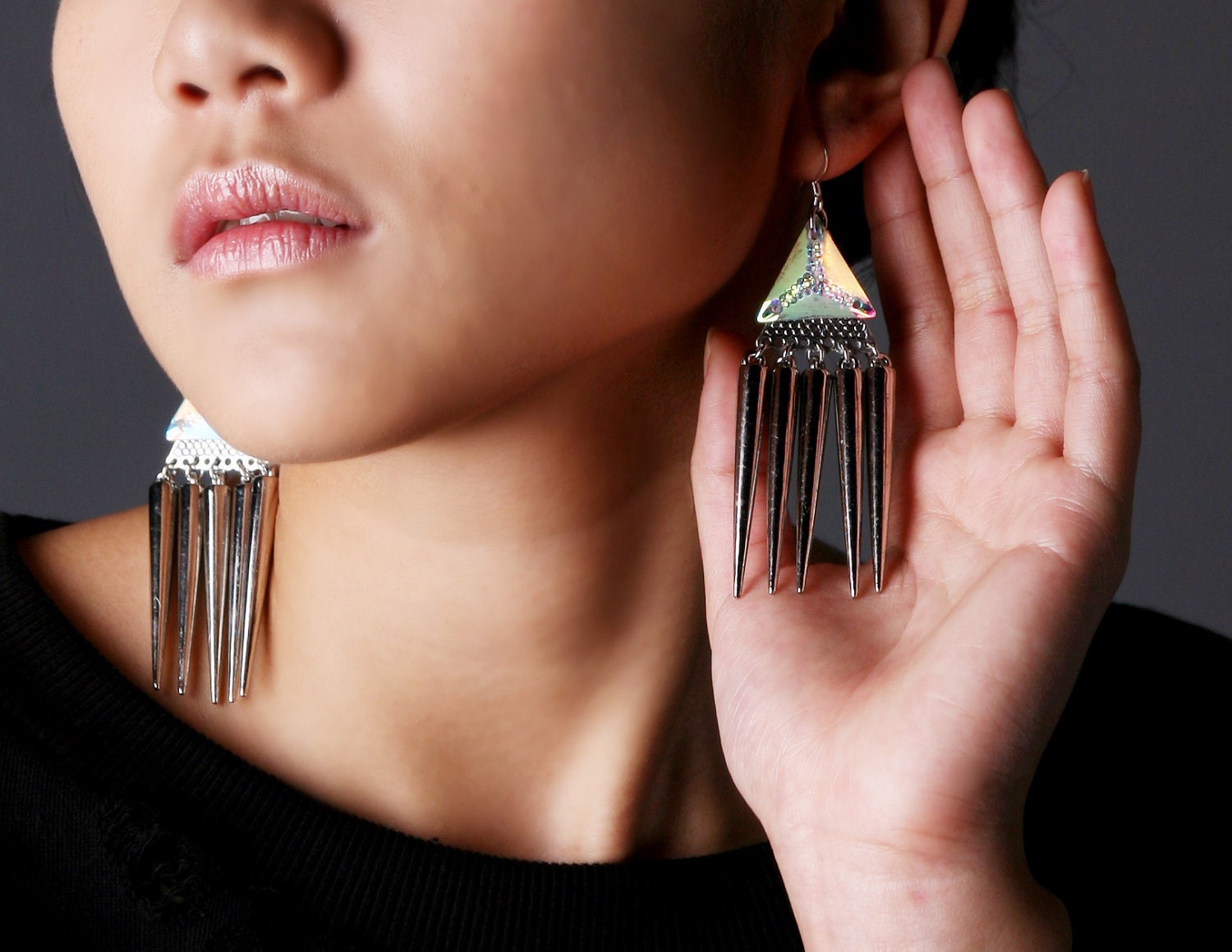 RainbowClaws, triangle earrings, long spikes earrings, bold geometric punk statement jewelry