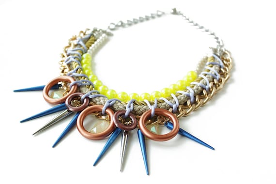 Glowstick, bib necklace, rope necklace, studs spikes and vintage beads, neon yellow summer mermaid style, chunky  statement necklace