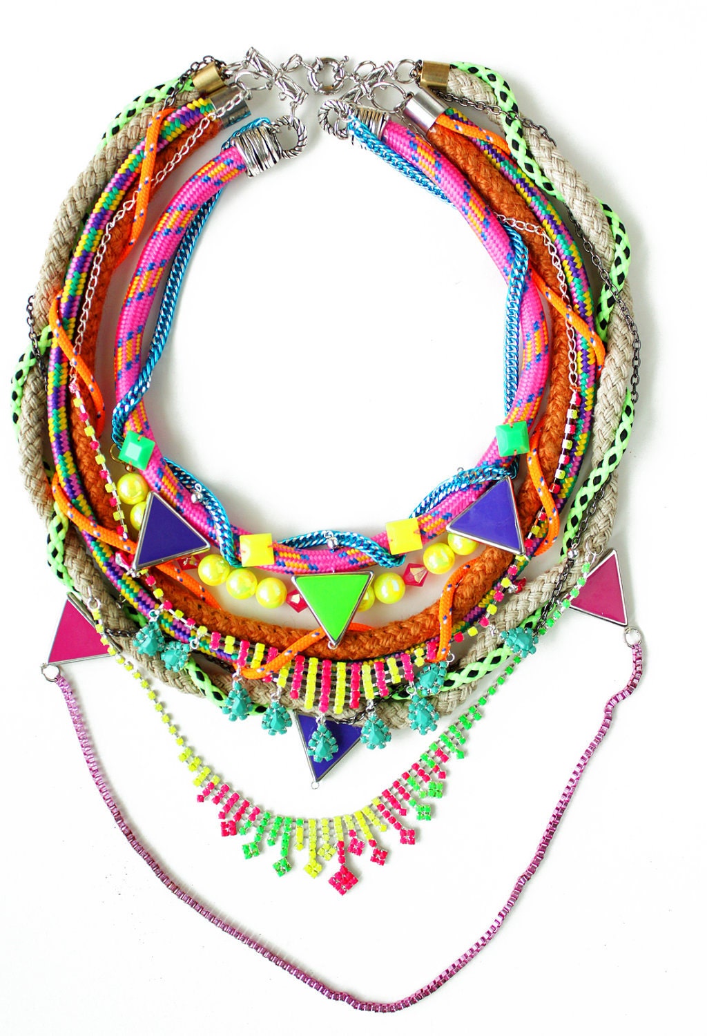 Superduper statement necklace, neon crystal rope necklace, unique chunky OOAK jewelry.