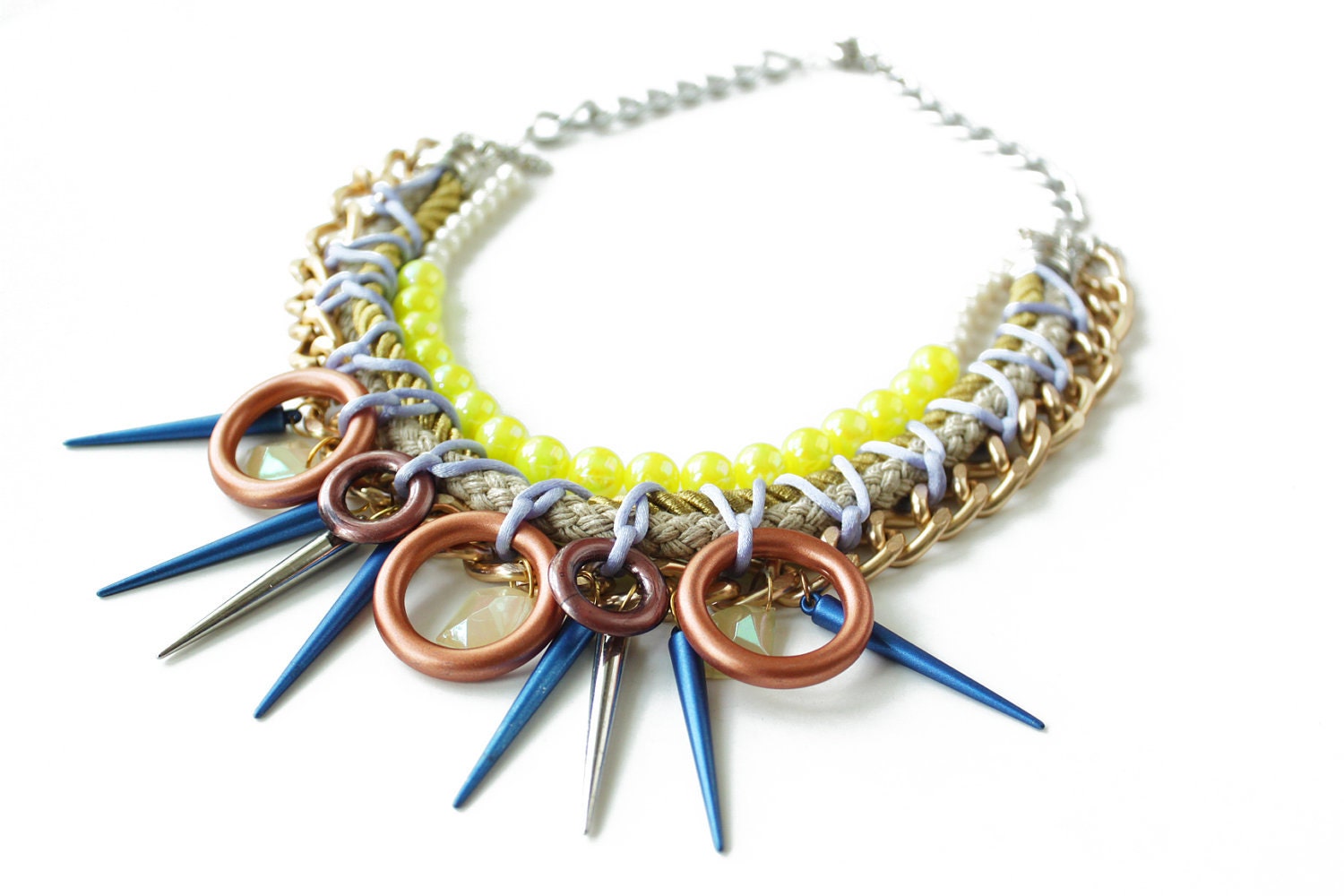 Glowstick, bib necklace, rope necklace, studs spikes and vintage beads, neon yellow summer mermaid style, chunky  statement necklace