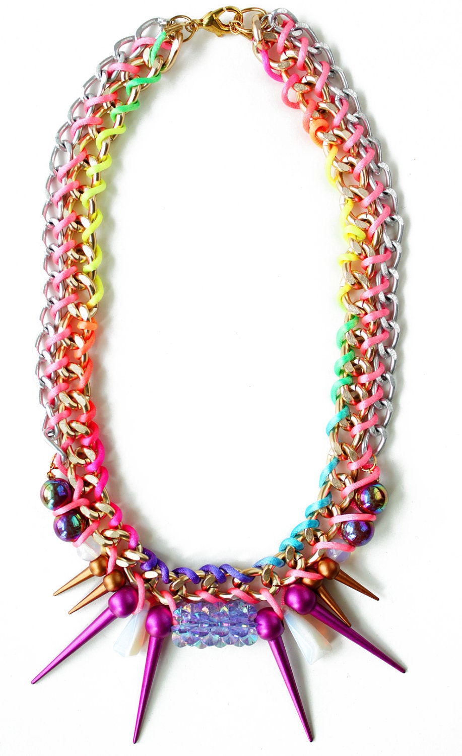 NeonMermaid,  neon statement necklace bib, rainbow spikes moonstone and iridescent beads, mermaid style, OOAK
