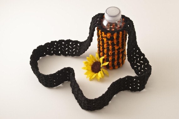 Water Bottle Sling, Black and Orange Striped - Extra Long - MadCap Charity Item - TFI