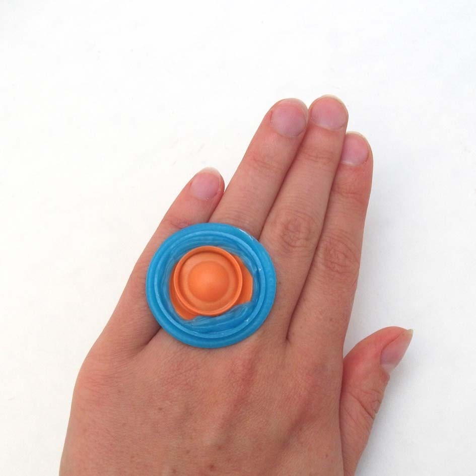 Neon Orange and Aqua Blue - Recycled Plastic Ring - Fashion Ring