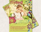 Floral Birthday Invitation, mod flowers, pink green blue (Digital File) printable