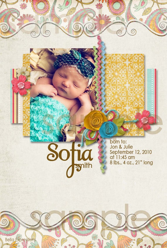 Baby Girl Birth Announcement Thank You Shower, paisley coral aqua swirl cream, Digital File