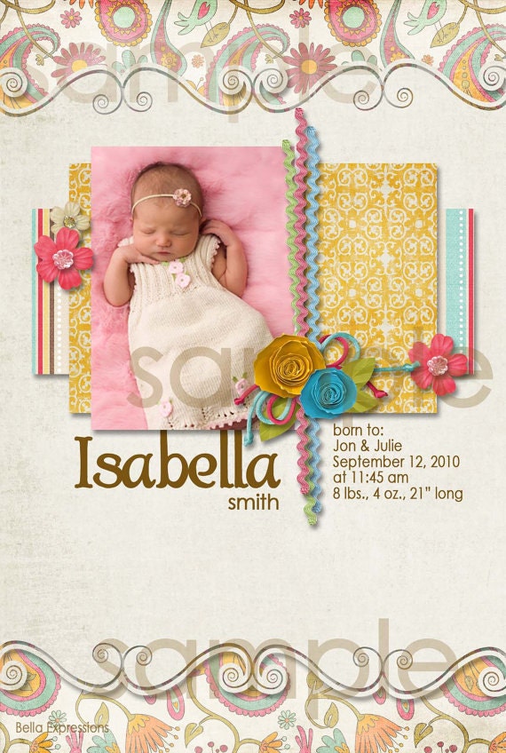 Baby Girl Birth Announcement Thank You Shower, paisley coral aqua swirl cream, Digital File