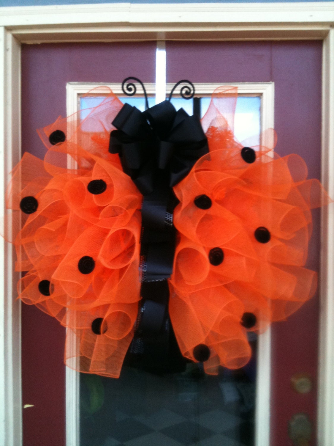 Ladybug Orange and Black Polka Dot Large 28-inch Poly Deco Mesh and Ribbon Wreath Spring and Summer Door Décor