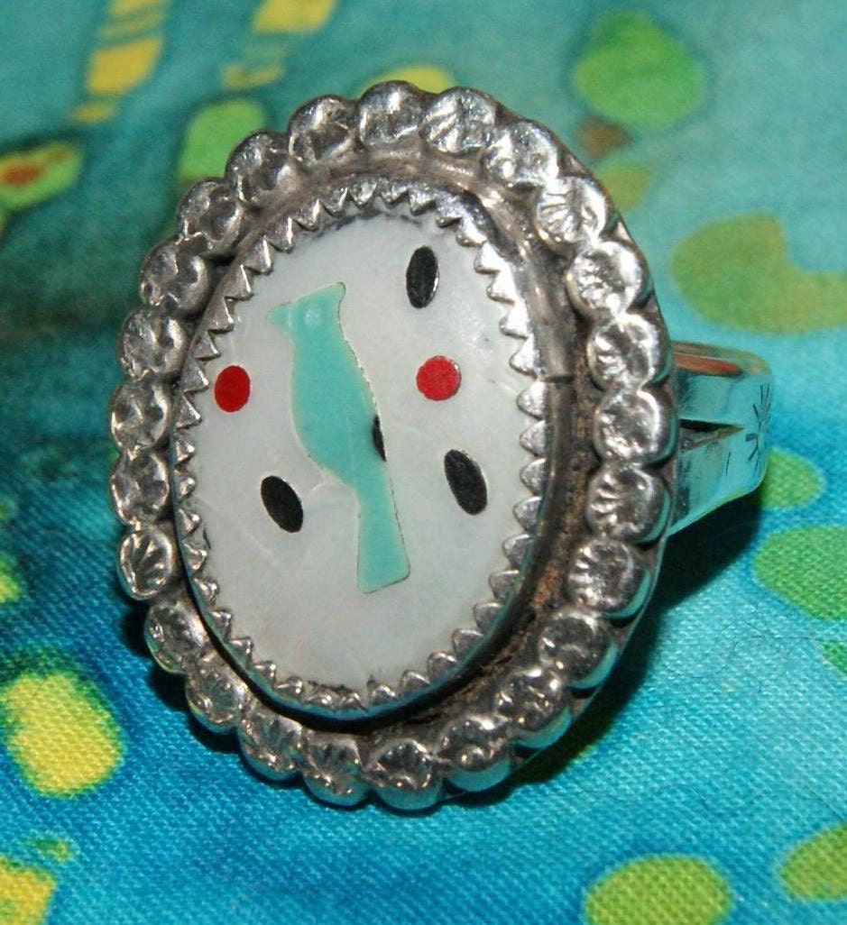 OLD PAWN ZUNI Blue Jay Inlay Turquoise Sterling Ring Size 8 c1950