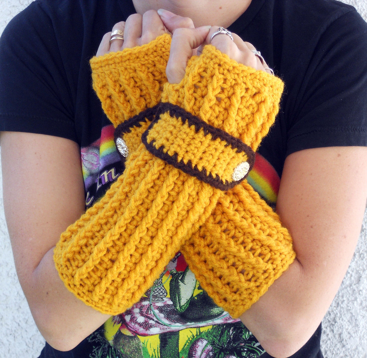 Sunflower Gold long ribbed with wrist strap crochet button arm warmers, fingerless gloves