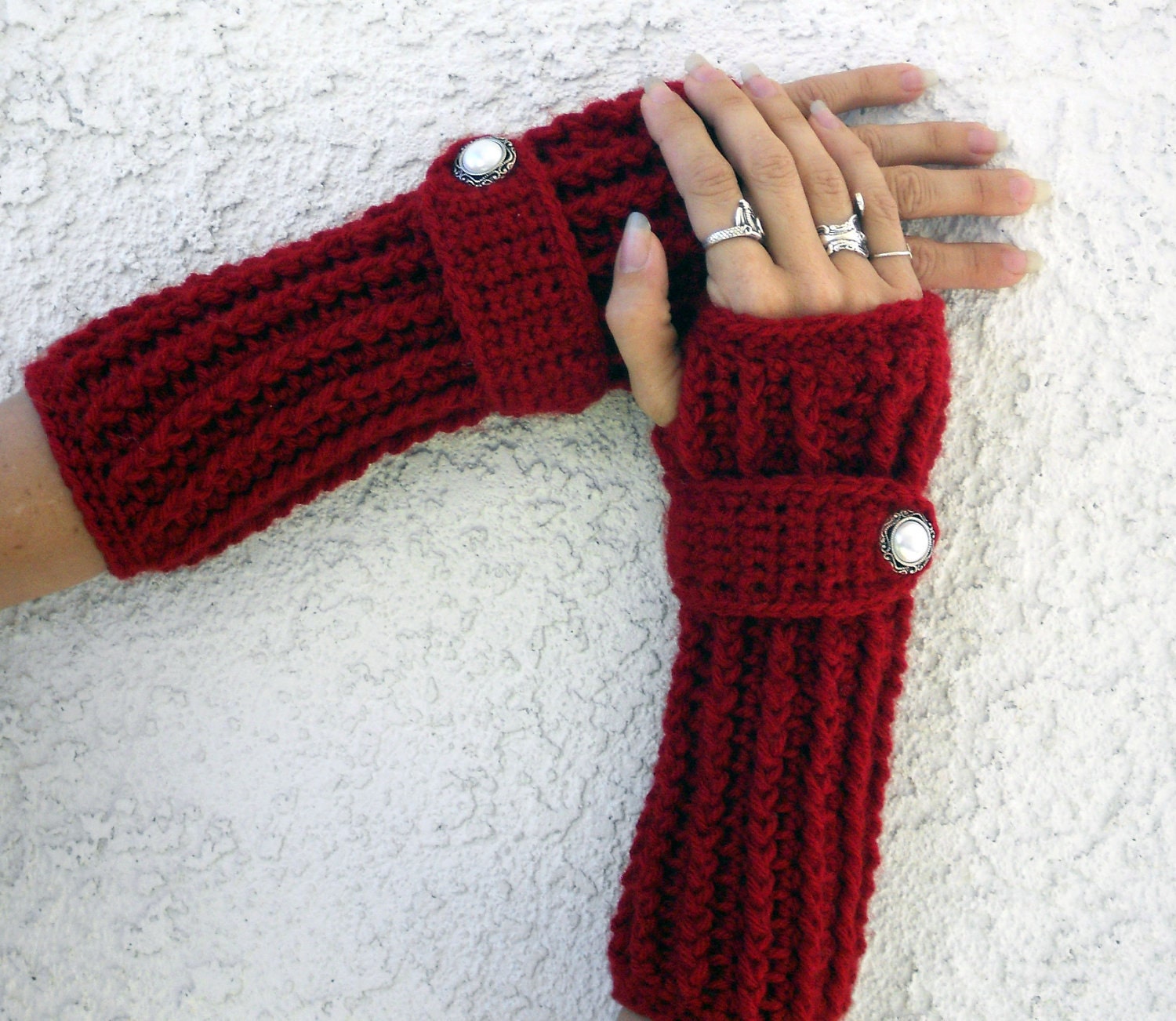Cranberry red long ribbed with wrist strap crochet button arm warmers, fingerless gloves