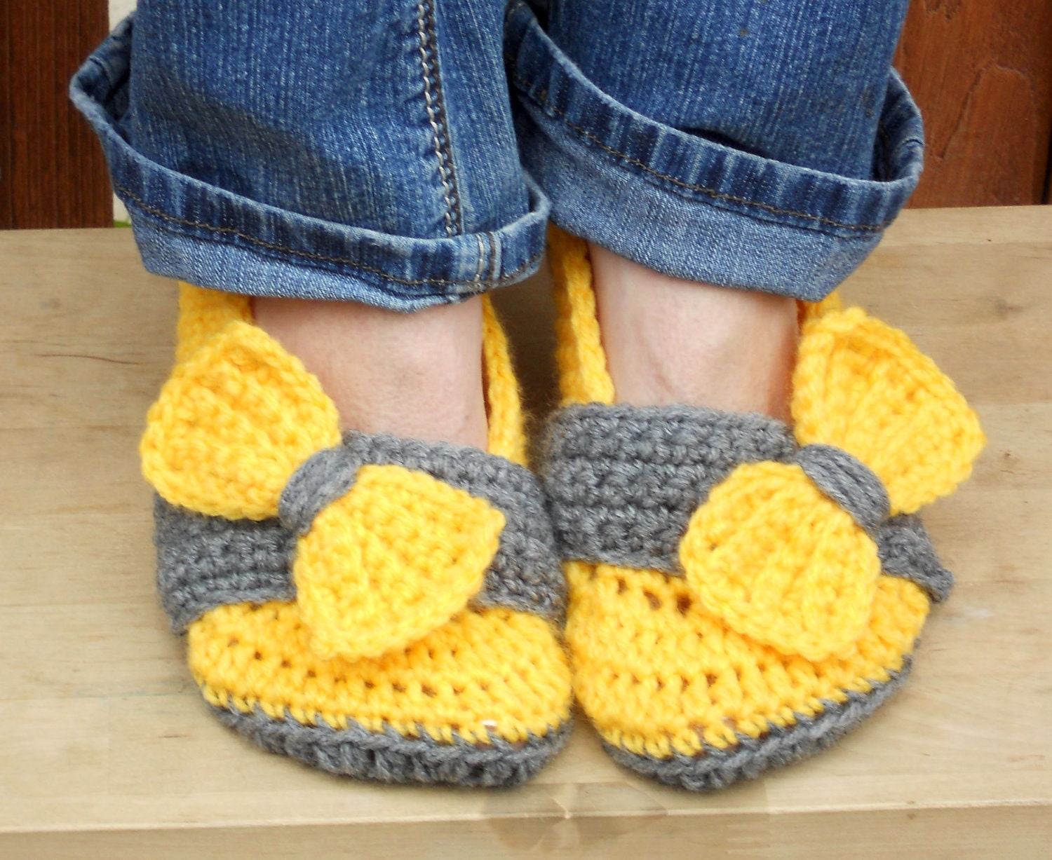 Bow tie strap slippers, booties, shoes, socks in thunderous sunshine yellow and grey.