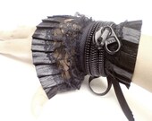 Black Gothic Lolita fingerless gloves - lace gloves / cuff bracelet - monogrammed gloves - women's accessories - women's gloves - black.