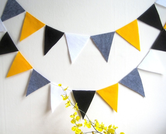 Wedding pennant flag banner, yellow grey black white, Birthday party decoration, Children's Room Decor, Photo Booth Prop, yellow gray - 8 ft