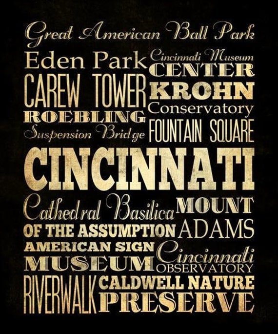 Cincinnati, Ohio, Typography Art Canvas / Bus / Transit / Subway Roll Art 20X24 - Cincinnati's Attractions Wall Art Decoration - LHA-212