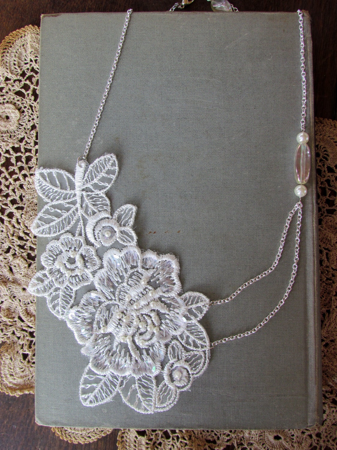 Lace Wedding Necklace : Embellished Ivory Applique with Vintage Beads, Silver-Colored Chain