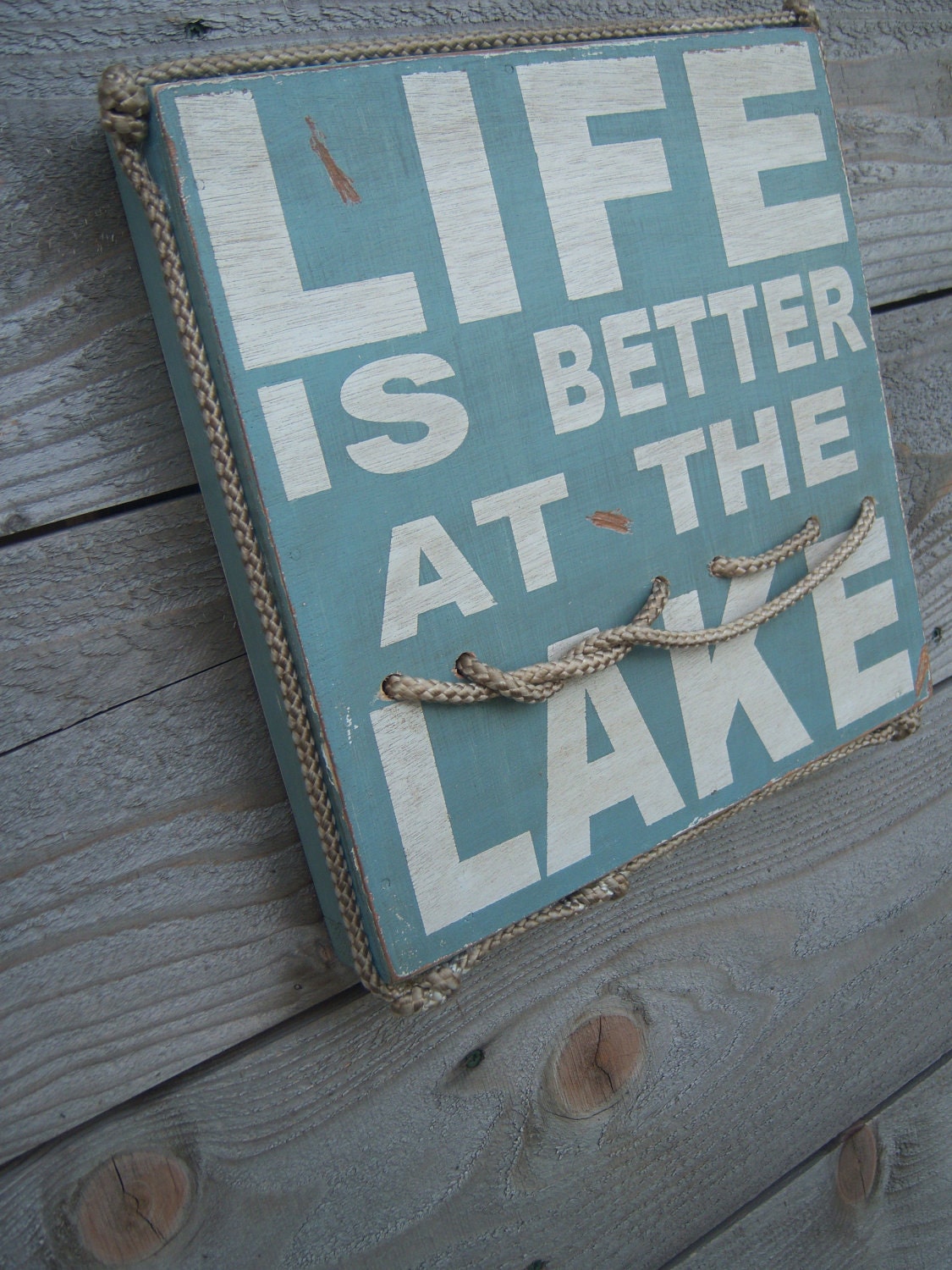 Life is better at the lake- distressed rustic wood sign with nautical rope-lake house